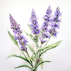 Naklejka premium Charming depiction of lavender blooms with soft watercolor strokes, highlighting rich purples and lush greenery. Ideal for floral designs, creative projects, and tranquil home decor.
