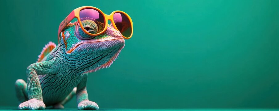 chameleon wearing sunglasses on a solid color background, vector art, digital art, faceted, minimal, abstract, panorama background. 