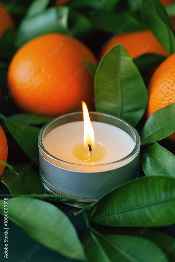 Poster a lit candle surrounded by oranges and leaves on a rustic table