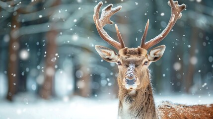 Majestic Deer in a Winter Wonderland, Snow Falling Around Him. Beautiful Wildlife Photography.