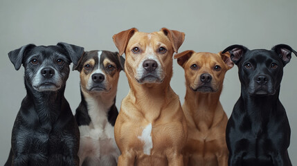 Obraz premium A playful group of mutt dogs standing together outdoors, showcasing their friendly atmosphere and charming expressions.