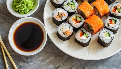 Sushi Rolls with Various Fillings on a Plate with Chopsticks and Soy Sauce
