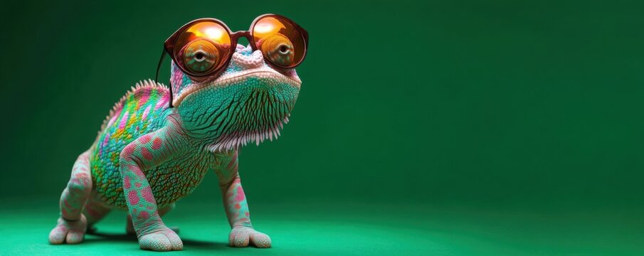 chameleon wearing sunglasses on a solid color background, vector art, digital art, faceted, minimal, abstract, panorama background. 