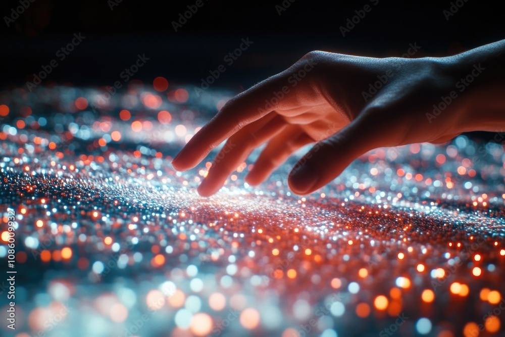 Poster A person holds and touches a glowing object on a table