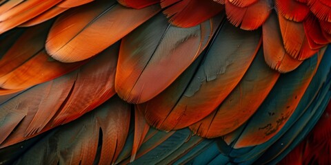 Primer plano del plumaje de un ave multicolor, macrophoto de plumas de pájaro