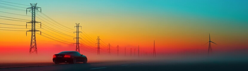 A Wide View of an Electric Power Grid at Sunset with Silhouettes of Towers and Lines Extending into the Distance, Symbolizing Energy Storage for Renewable Energy