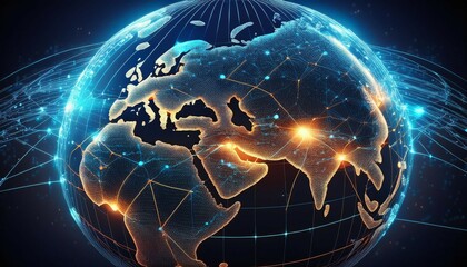 abstract representation of a digital network spread over a globe illustrating data connectivity and communication