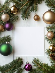 Christmas Ornament and Pine Branch Frame with Blank Card
