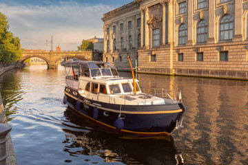 Embankment of the Spree River and Berlin Museum Island at sunset. Germany.