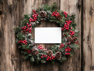 Christmas Wreath with Red Berries and Pine Cones on Rustic Wooden Background