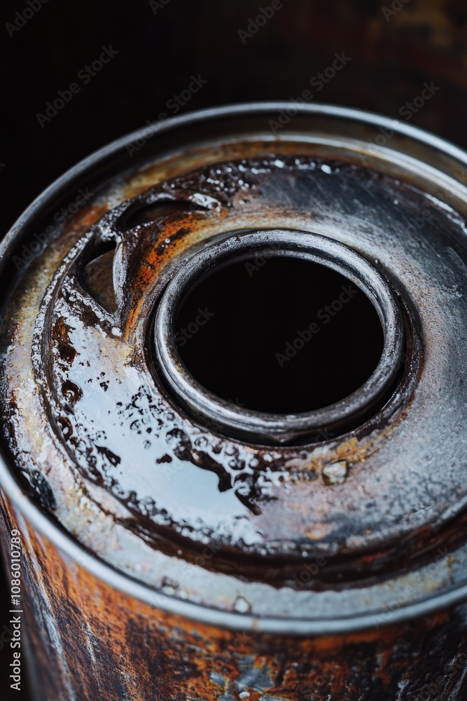 Poster A close-up shot of a rusty metal can with a worn-out label and a rough texture