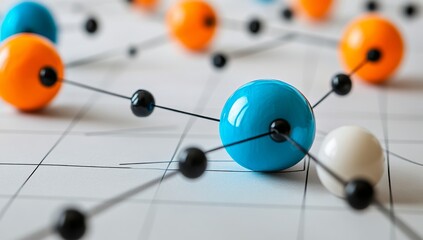Close-Up of an Isolated Multi-Colored Model Molecule on the Table Surrounded by White Erasers and Pencils