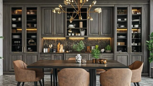 A spacious dining room boasts a long, dark wood dining table surrounded by six upholstered chairs in a light brown hue