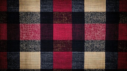 A textured plaid pattern featuring rich colors of red, black, and gold, creating a cozy and rustic feel.