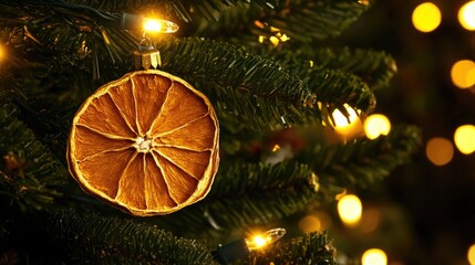 A close-up view of a Christmas ornament on a decorated tree, perfect for holiday promotions and advertisements
