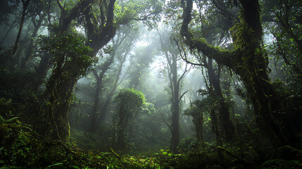 Fototapeta premium Misty forest with towering ancient trees and thick vines enveloped in ethereal fog at dawn