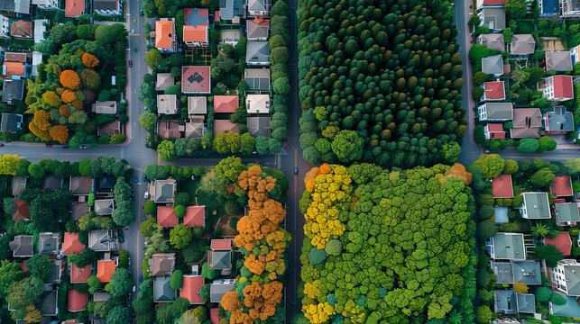Vista a&eacute;rea de ciudad y bosque separados por una l&iacute;nea divisoria