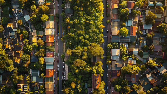 Vista a&eacute;rea de ciudad y bosque separados por una l&iacute;nea divisoria