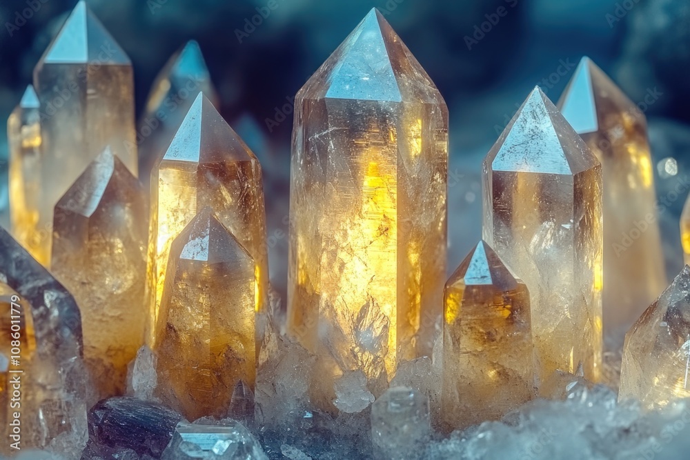 Poster a collection of sparkling crystals perched atop a frozen ice pile, perfect for use in winter or scie