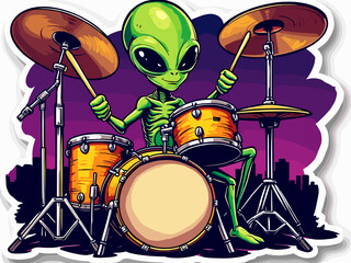 An alien drummer skillfully plays a vibrant drum set against a colorful urban skyline at night