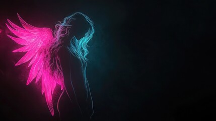 Gradient glowing angel silhouette in neon pink and electric blue, softly illuminated against a black backdrop