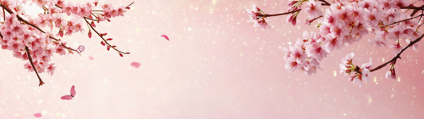 Fototapeta premium Elegant banner with cherry blossoms on a light pink solid background. Horizontal wide web Chinese New Year backdrop