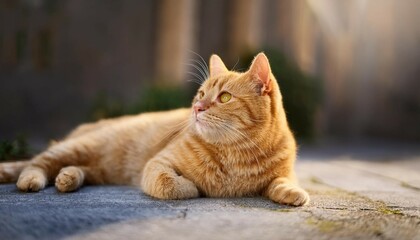 yellow cat lying on concrete floor looking at space with blurred background