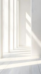 Obraz premium Bright and Minimalist Interior Space with Natural Light Casting Shadows Through White Walls and Floors, Creating a Serene and Tranquil Atmosphere for Modern Design