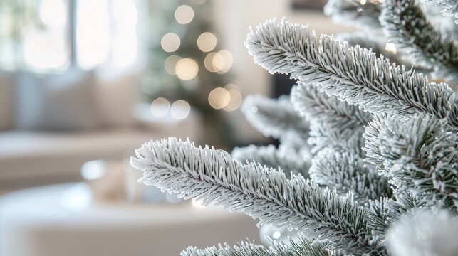 Close-Up of Snow-Dusted Artificial Christmas Tree Branch with Cozy Living Room Background