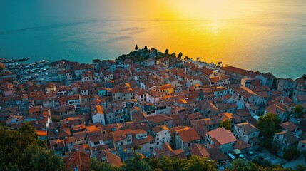 A serene cityscape with a beautiful sunset and water in the background, perfect for use in travel or urban themed projects