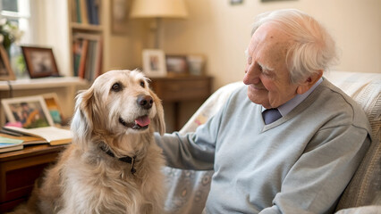 Alter Mann / Senior mit herzlichem Lächeln einem Hund zugetan. Warme wohnliche Atmosphäre in einem gemütlichen Seniorenheim-Zimmer.