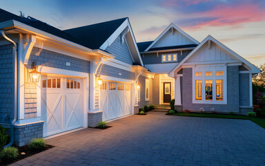 Block paving driveway and anthracite grey windows characterise this typical semi-detached home in South East England, UK.