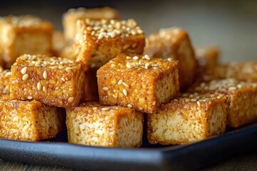 A simple and healthy dish featuring a plate of tofu with sesame seeds on top