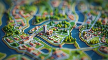 Aerial view of miniature city model with buildings, parks and river. Concept of urban planning, architecture, and development.