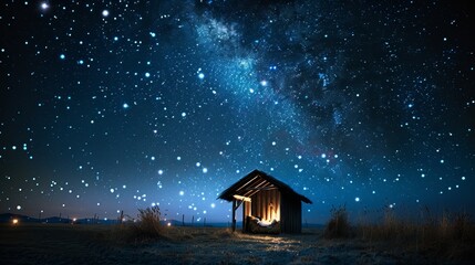Serene christmas nativity scene with manger under a bright starry sky celebrating jesus  birth