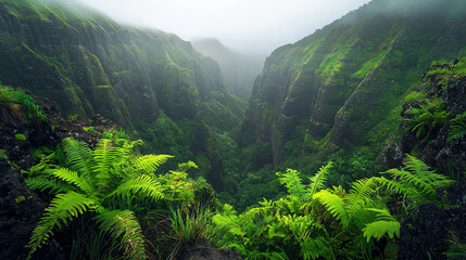 Misty valley enveloped by towering cliffs and lush vegetation at dawn in a serene nature landscape