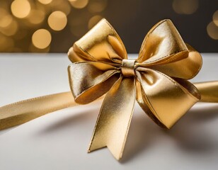  Luxurious gold gift ribbon bow on white background for elegant and festive celebrations