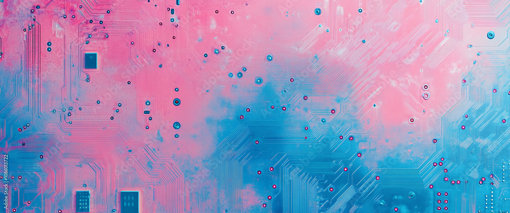 Poster intricate circuit board design in a striking pink and blue gradient