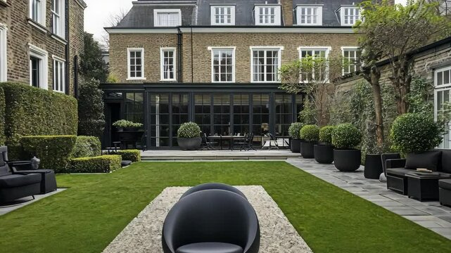 A meticulously maintained lawn stretches before a modern glass extension attached to a grand, multi-story house