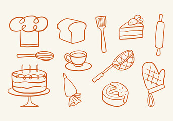 Hand Drawn Kitchen Elements Line Art. A set of 12 hand-drawn kitchen elements, featuring various cooking and baking tools, food items, and dessert icons, in a minimalistic line art style