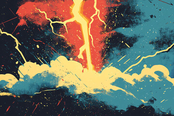 An abstract depiction of lightning striking from vibrant storm clouds in bold red, yellow, and blue hues symbolizing power and drama  
