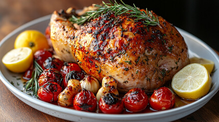 Roasted turkey with golden skin surrounded by rosemary, bright cherry tomatoes, caramelized garlic cloves, and lemon slices, arranged artfully on a white plate.