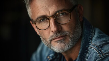 A person wearing glasses and a denim jacket