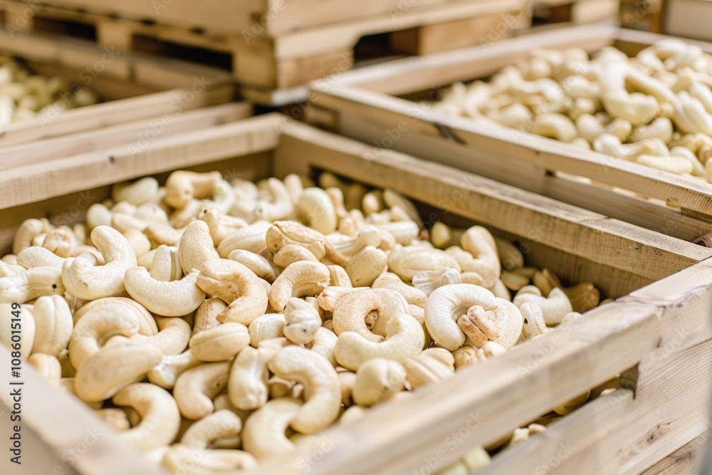 Poster a pile of cashews stored in wooden containers