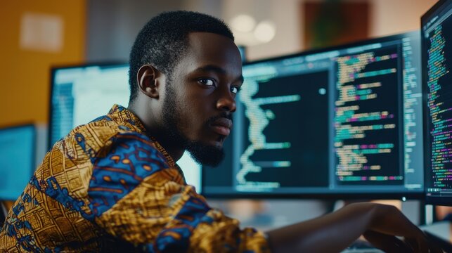 Young African male programmer writing code at a workplace with three monitors, focused on the screen