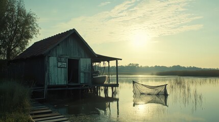 A serene riverside boathouse with fishing nets hanging to dry.