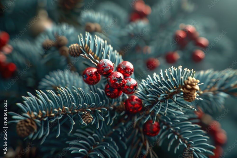 Poster a close-up shot of a pine tree branch covered in bright red berries, ideal for use in nature or wint