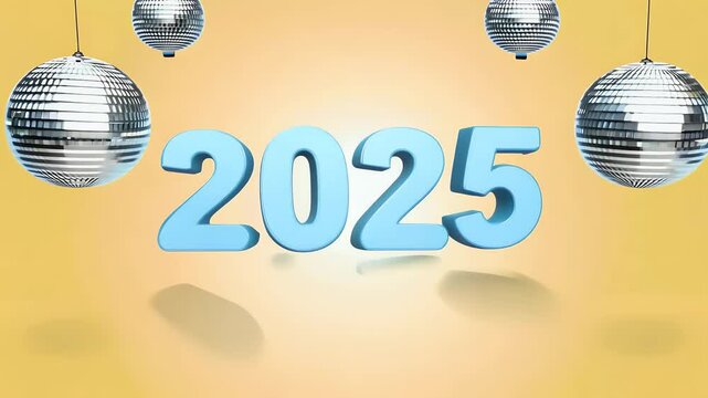 retro 3D illustration pastel blue 2025 numbers floating disco balls set yellow backdrop unique playful New Year greeting number isometric three-dimensional ball invitation design card
