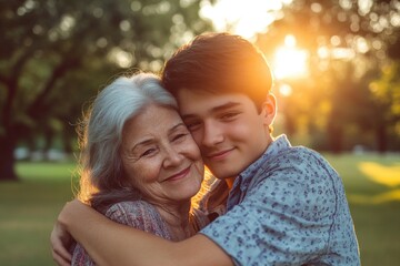 Fototapeta premium A heartwarming moment of intergenerational connection between a young boy and an older woman in a peaceful park setting