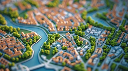 Aerial view of a miniature city with a river running through it.  Concept of urban planning, infrastructure, development, and sustainability.